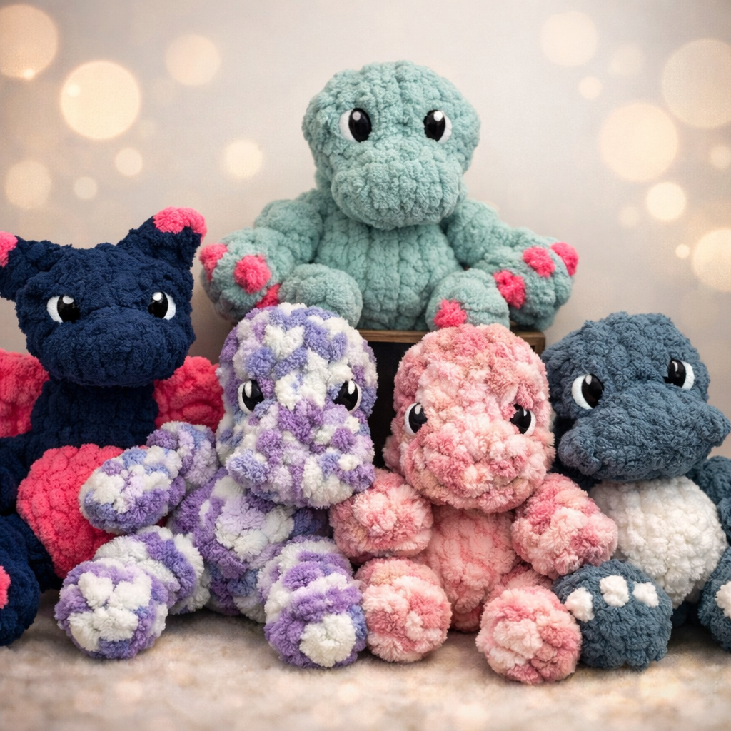 PDF + Video Finger Knitting Pattern – Baby Long Neck Dino & Dragon- Intermediate level pattern