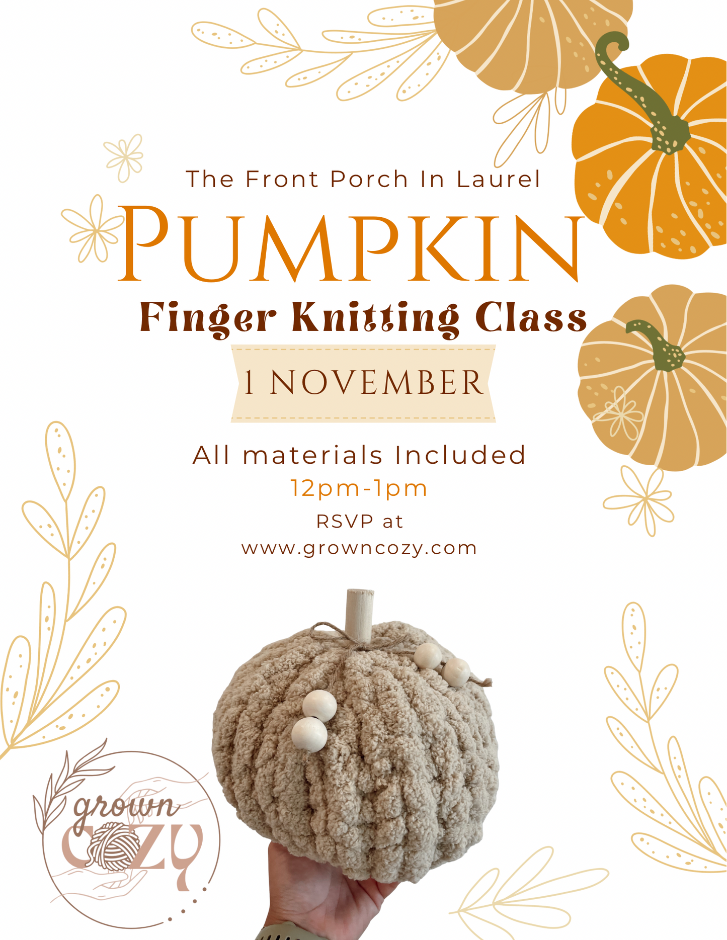 The Front Porch Pumpkin Finger Knitting Class