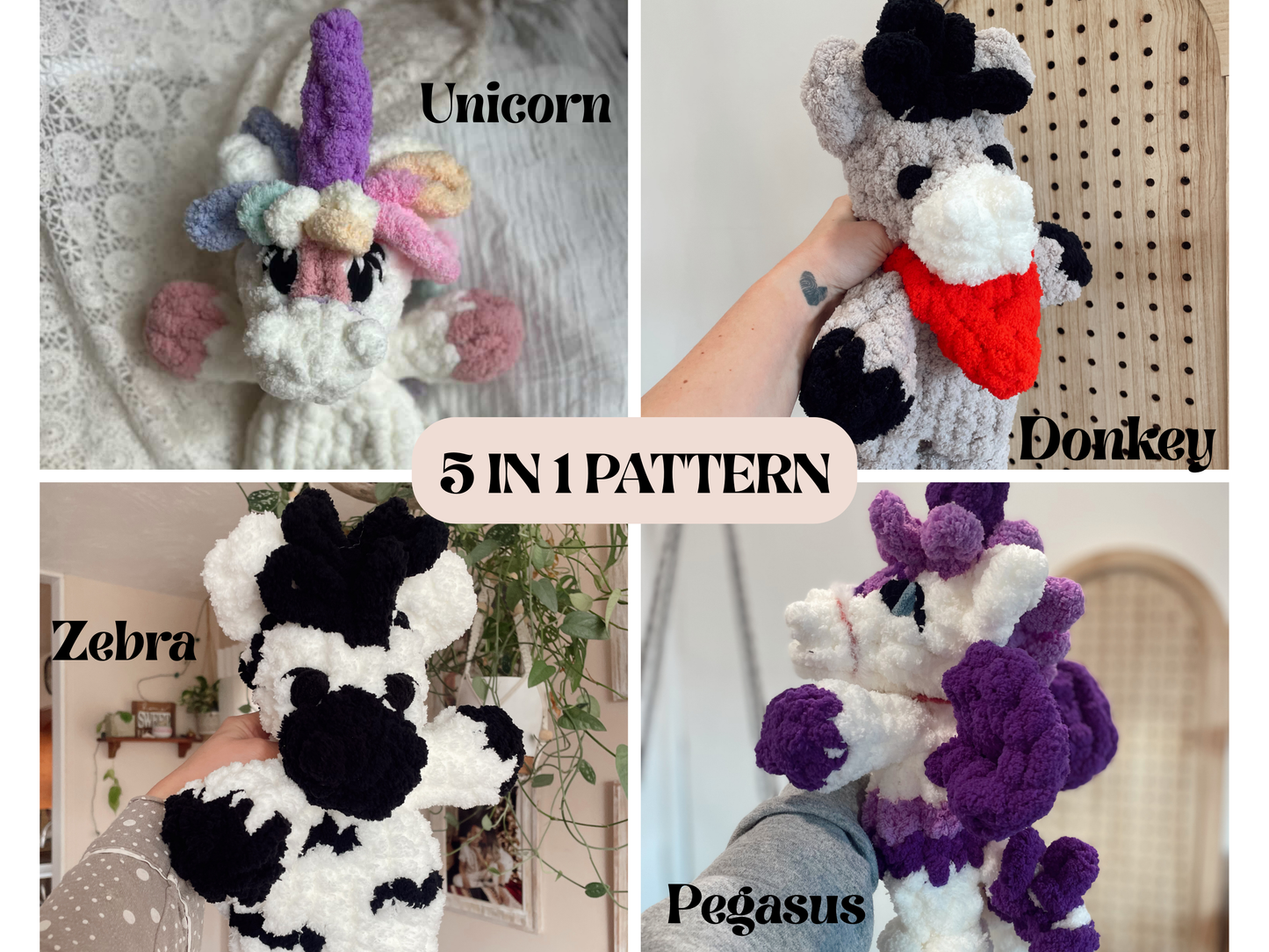 Helena the Horse 5-in-1 Finger Knitting Pattern- Zebra, Unicorn, Donkey, Pegasus