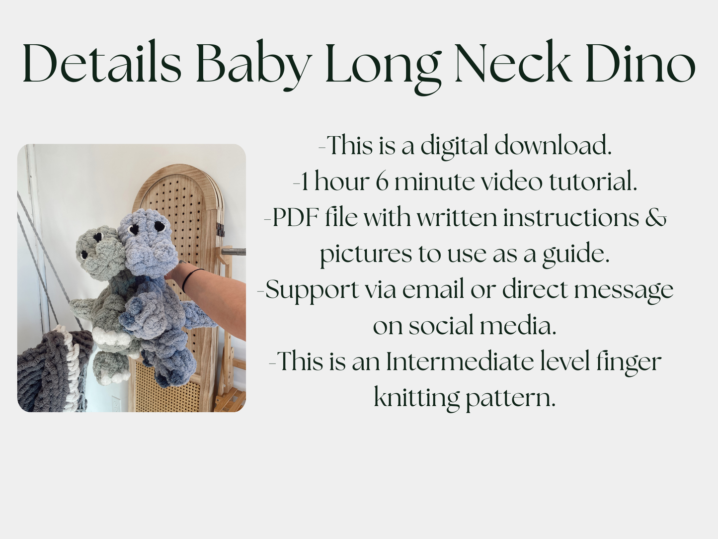 PDF + Video Finger Knitting Pattern – Baby Long Neck Dino & Dragon- Intermediate level pattern