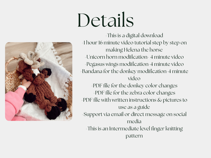 Helena the Horse 5-in-1 Finger Knitting Pattern- Zebra, Unicorn, Donkey, Pegasus