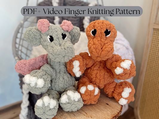 PDF + Video Finger Knitting Pattern – Baby Long Neck Dino & Dragon- Intermediate level pattern