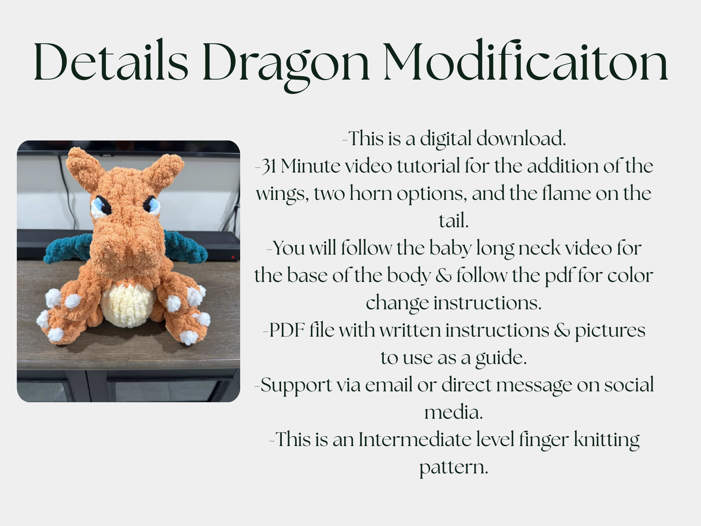 PDF + Video Finger Knitting Pattern – Baby Long Neck Dino & Dragon- Intermediate level pattern